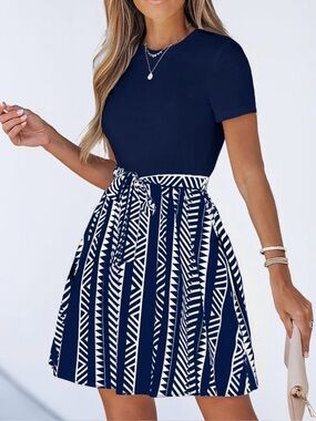 Cupshe Navy Blue Short Sleeve Mini Dress with Geometric Print Skirt